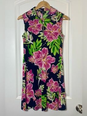 MSK Floral Shift Dress Zip Front Sleeveless Navy Pink Size S